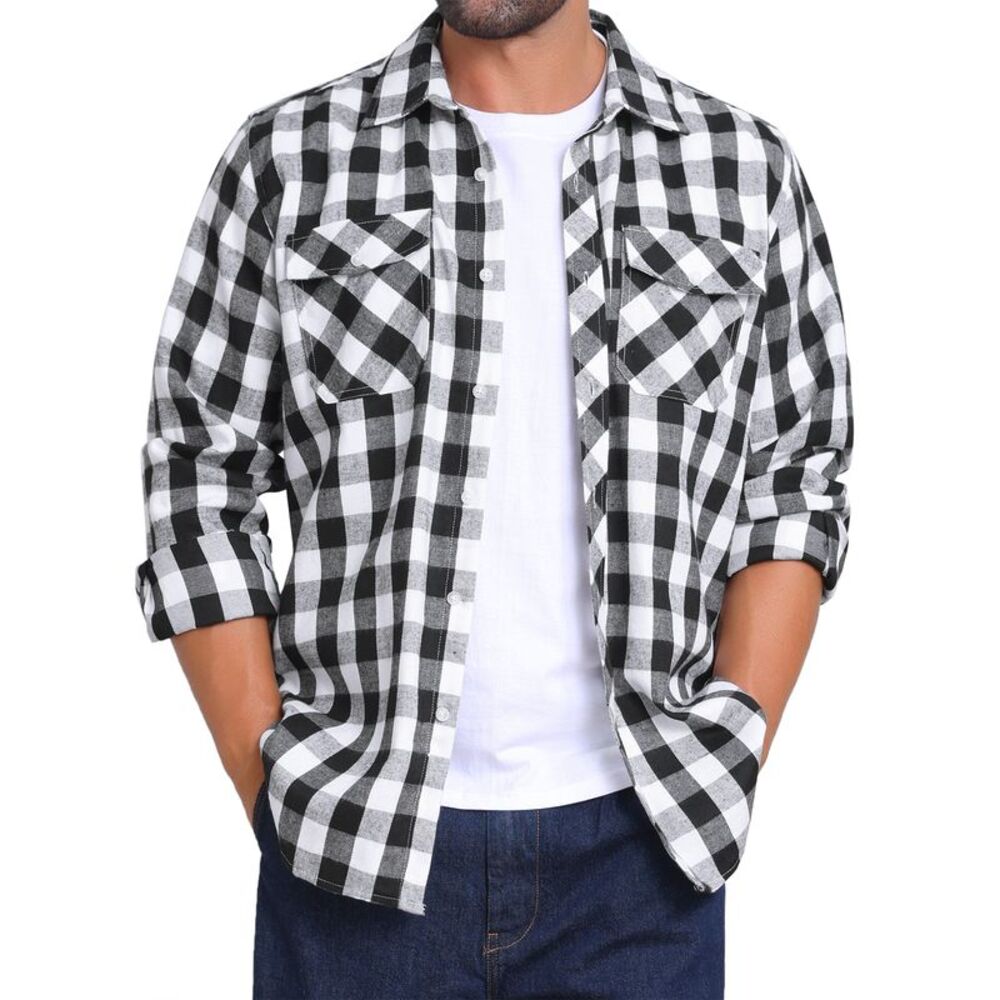 Contrasting Colors Checked Slim Fit Long Sleeved Shirt with Pocket Black White